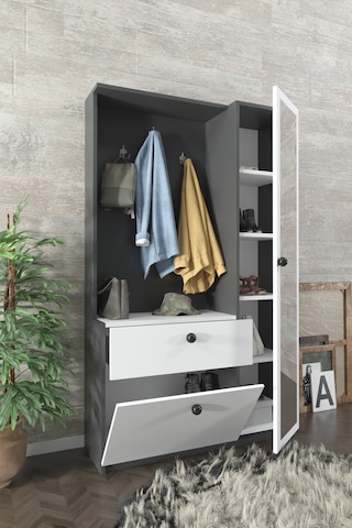 AE-3042 Reina Aynalı Delüx Vestiyer Ayakkabılık Portmanto Takımı Antrasit Gri /Beyaz