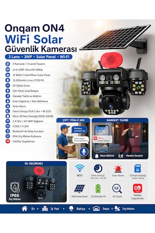Onqam On4-wıfı Solar Güvenlik Kamerası 3 Lens 3mp - 3 Kameralı Akıllı Dış Mekan Kamera