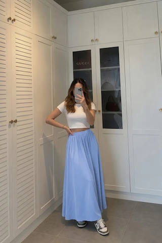 Kadın Mavi Poplin Kumaş Uzun Etek Beli Lastikli Günlük Maxi Etek 90 Cm Glmd-007-mv