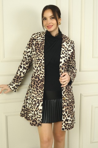 Kadın Yandan Cepli Beli Kemerli Astarlı Leopar Desenli Trençkot Siyah