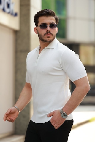 Etiler Collection Erkek Fermuarlı Yakalı Kısa Kollu Tshirt Beyaz