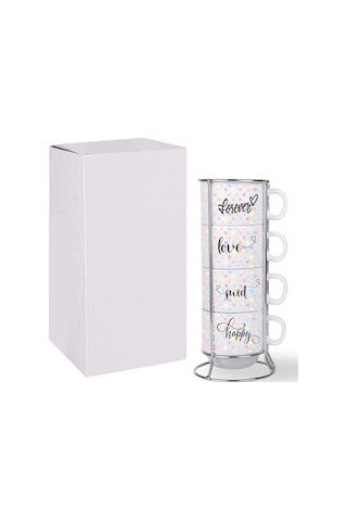 Deepcraft Stantlı 4'lü Fincan Seti Çıkmaz Baskılı Puantiyeli Desenli 4 Adet Fincan Seti 190 Ml Beyaz