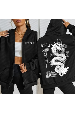 Tarzsokak Dünya Ejderha Özel 1990 Desen Kadın Fermuarlı Kapüşonlu Kıyafet Trendy Polar Hoody Rahat Sonb Siyah