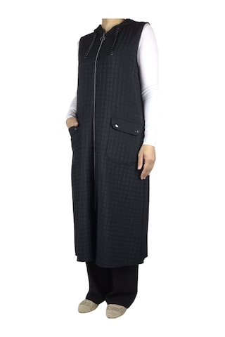 Önü Fermuarlı Kapüşonlu Üstten Cepli Kapitone Yelek Siyah