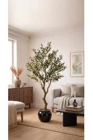 Yapay Zeytin Ağacı 200 Cm Taş Saksılı Canlı Gövdeli Dekoratif Salon Ağacı Zeytin Yeşili