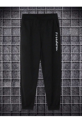 Eşofman Altı Jogger - Siyah Baskılı Lastik Paça Yüksel Bel Siyah