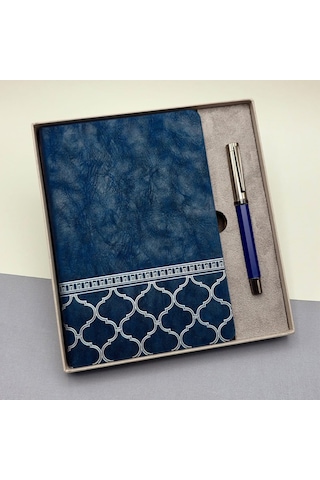 Mobgift Alt Kısmı Mozaik Desenli Kutulu Deri Defter Kalem Seti Lacivert