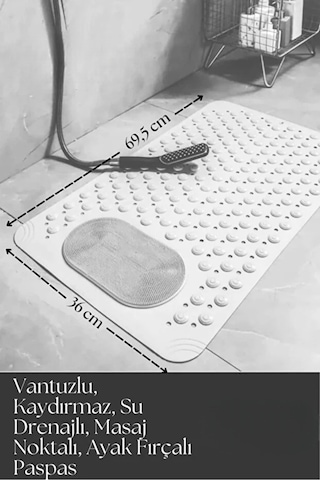 Mainshop Masaj Noktalı Paspas Banyo Duş Küvet Için Vantuzlu Su Drenajlı 69,5 X 36 Cm M-162 Beyaz