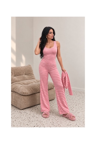 Evoa Kadın Pembe 3'lü Çizgili Atletli Ve Bolerolu Pijama Takım