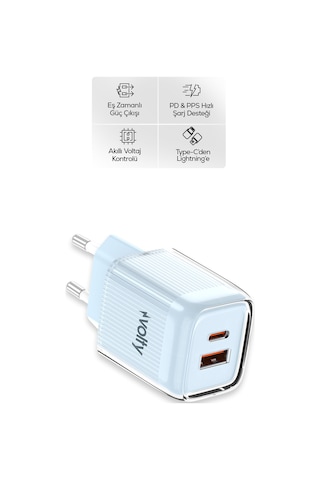 Hızlı Şarj Adaptörü 35w Gan + Lightning Kablo 30w Pd Usb-c&usb-a, Tablet&telefon Mavi-v0102018