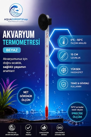 Akvaryum Termometre - Beyaz - Hassas Ölçüm - Cam Termometre - 0/50 Derece Arası Ölçüm - Net Görünür - Güçlü Vantuz