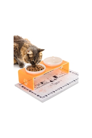 Gobypet 2'li Turuncu Pleksi Dekoratif Kedi Ve Köpek Seramik Mama & Su Kabı + Paspas