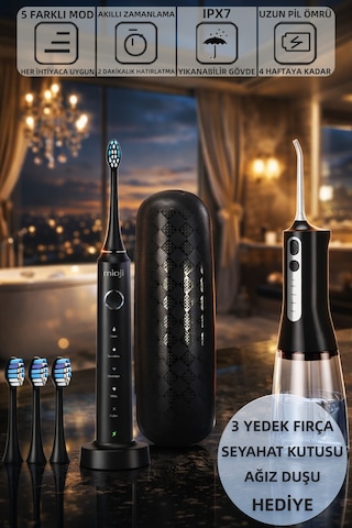 Mioji Oral B6 Care Şarj Edilebilir Diş Fırçası Siyah + 3 Yedek Fırça Başlık + Seyahat Kutusu + Şarjlı Ağız Duşu
