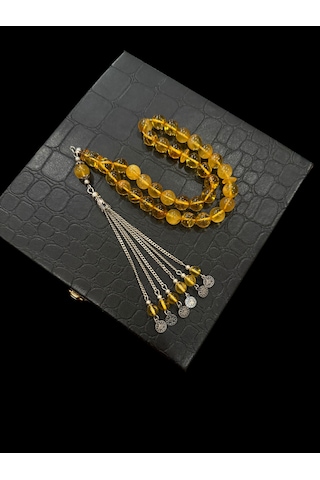 Kaya Damla Kehribar Tesbih 23 Gram 10x10 Mm Gümüş Püsküllü Tespih Sarı