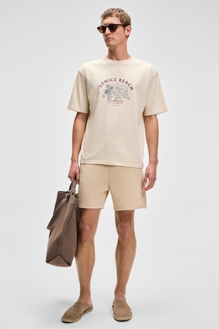 Grımelange PROVENCE Erkek Bisiklet Yaka %100 Organik Pamuklu Regular Fit Açık Bej T-Shirt