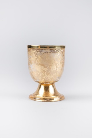 Altın Varak Eskitme Ayaklı Cam Mumluk Kokusuz Mum Logo Kapaklı Küçük 8.5x11.5 Cm