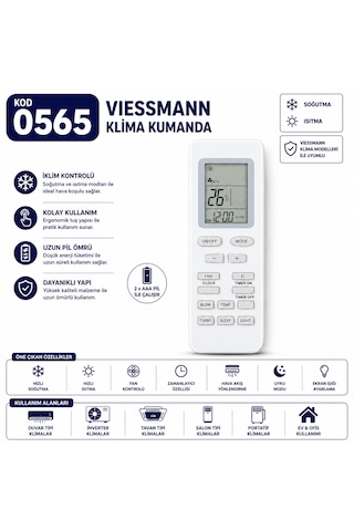 Viessmann 0565 Klima Kumandası Lcd Ekranlı Isıtma Soğutma Fan Turbo Uyku Modu Zamanlayıcı Yedek Kumanda