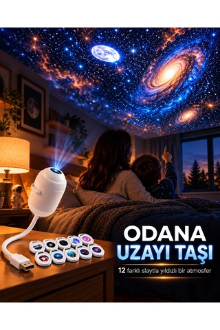 Yıldızlı Gökyüzü Projeksiyonlu Gece Lambası Kapsül Tasarım Dokunmatik Tuşlu Dekoratif Led Yıldız Projektör Çocuk Odası Yatak Odası Beyaz