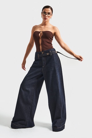 Itsbasic Kadın Koyu Kot Rengi 2w5-128 Süper Palazzo Fit %100 Koton Kemer Detaylı İç Boy 83cm Denim Jean