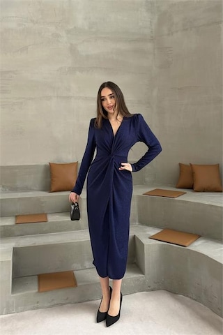 Neşeli Butik Kadın Mavi Anvelop Büzgülü Simli Premium Midi Elbise Nbelb08 Mavi