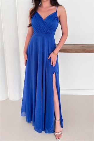 Neşeli Butik Kadın Ayarlanabilir Askılı Yırtmaçlı Tül Abiye Elbise Rys9276 Mavi