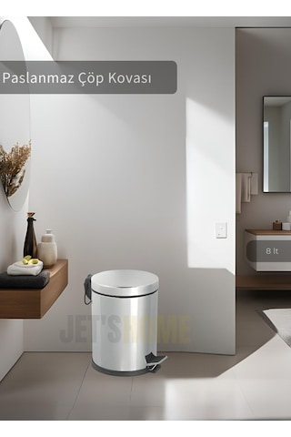 Jet's Home Pedallı Banyo Çöp Kovası Paslanmaz 8 Lt Mutfak Çöp Kutusu Gri Gri