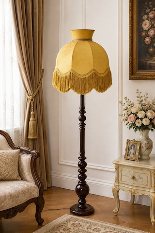 Gold Kadife Başlık Koyu Ceviz Ahşap Ayaklı Lambader Vintage Model 170x50cm Altın