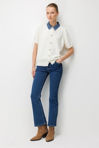 On Kadın Denim Detaylı Kısa Kollu Triko Hırka 10509 Ekru