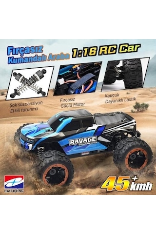 Haıboxıng RC 1/16 Ravage 45+ KM/H Sürat Uzaktan Kumandalı RC Model Araba RTR Elektrikli 4WD Brushless Fırçasız Offroad Truck Mavi