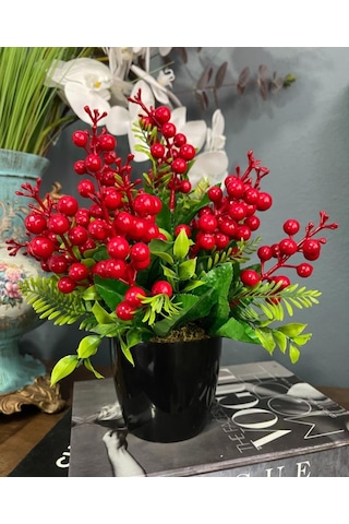 Yapay Çiçek Yılbaşı Çiçeği Kırmızı Kokina Siyah Saksıda 14 Dal 30*25cm