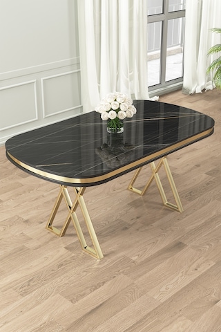 Nisare Serisi 90x168 Lak Panel Sabit Mutfak Masası Siyah Mermer Desen Masa Gold Ayak