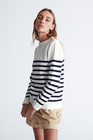 Styleboom X Peraluna Bardot Pullover Omzu Düğmeli Çizgili Organik Pamuk Mevsimlik Kadın Triko Kazak Ekru/lacivert-ekru Ekru