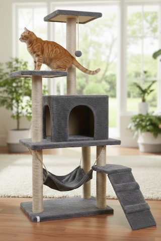 Missidea B07 Hamaklı Yuvalı Lüx Kedi Tırmalama Oyun Evi Antrasit