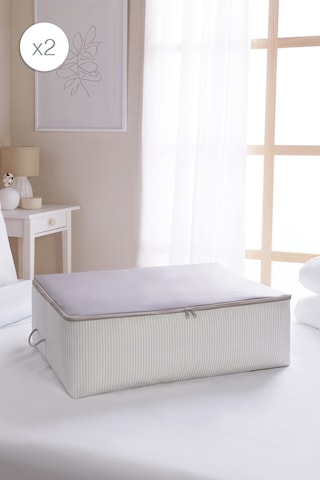Ocean Home Textile 2'li Büyük Boy Gri Çizgili Stuff & Things Baza Altı Hurç Set 62 X 46 X 22 Cm Gri