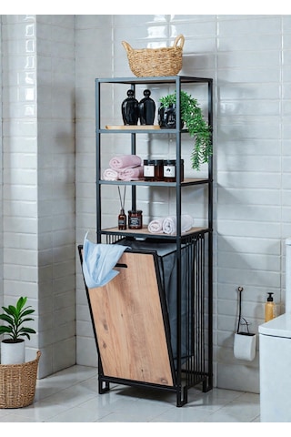 Dekoratif Kirli Sepetli Banyo Dolabı Ahşap Raflı Metal Gövdeli 4 Raflı Çamaşır Sepeti Banyo Düzenleyici Organizer Siyah