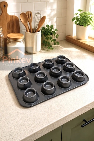12 Bölmeli Yapışmaz Teflon Kaplama Çelik Muffin Kek Kalıbı Siyah