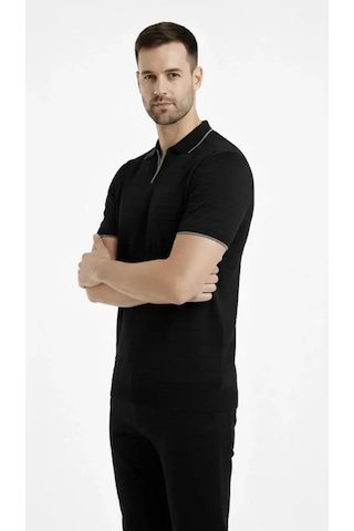 Hazego Erkek Triko Kumaş Yakalı Düğmesiz Açık Yaka Fitilli Kısa Kollu Regular Fit Tişört T-shirt - Siyah