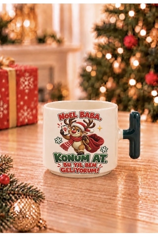 Mesela Yılbaşı Kupası Noel Baba Konum At Desenli Kırmızı Kulplu Hediyelik Kahve T Kupa Bardak Beyaz