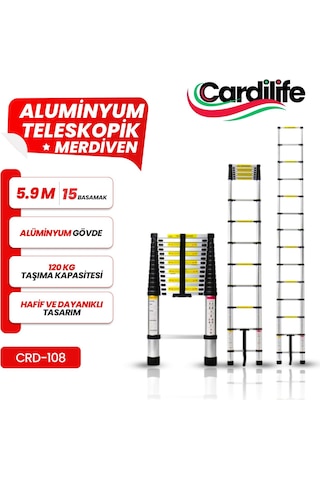 Cardilife 5.90 Metre 15 Basamaklı Teleskopik Alüminyum Merdiven –Platformlu & Kancalı Profesyonel Seri -