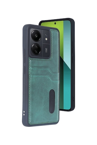 Xiaomi Poco C65 Uyumlu Deri Kartvizitli Kartlıklı Premium Telefon Kılıfı Kapak Koyu Yeşil