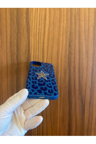 Apple iPhone Uyumlu 13/14 Leopar Baskılı İçi Kadife Silikon Telefon Kılıfı Lacivert