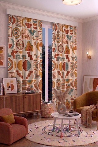 Modern Geometrik Desenli Fon Perdesi 140x260 Cm 2 Kanat Dekoratif Dijital Baskılı Premium Salon Oturma Odası Yatak Odası Pencere Perdesi Kahverengi Turuncu