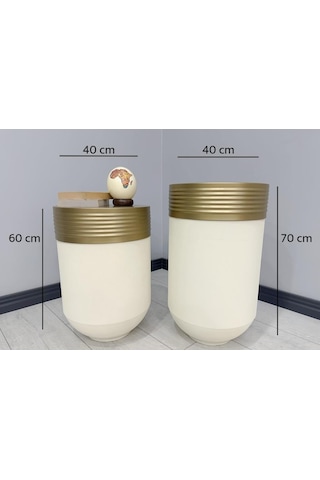 Elegant Dekoratif Eskitme Darbuka Krem Saksı 70cm + Sehpa 60cm İkili Set