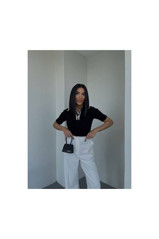 De Pose Kadın Polo Yaka Kısa Kollu Premium Triko T-shirt Siyah