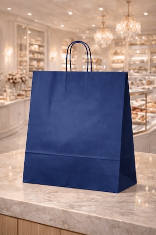 Elit Burgu Saplı Kraft Çanta Mavi Fsc Sertifikalı Kağıt Poşet Butik Hediye Torbası 36x12x41 Cm 50li