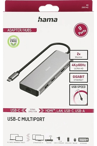 Hama Hm.200142 Usb-c-hub,9 Ports, 2x Hdmı,usb-a,usb-c,lan Usb Hub Gri Gri