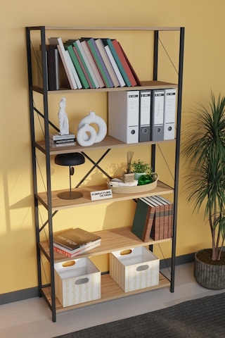 Dekoratif Metal Kitaplık 6 Raflı Kitaplık Dosya Rafı 180 Cm Çam