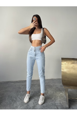 Kadın 3 Kemerli Yüksek Bel Kot Dar Paça Pantolon Buz Kar