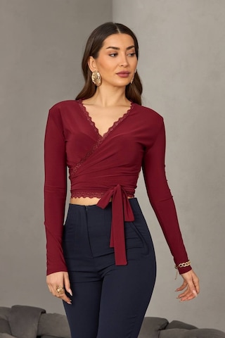 Kadın Dantel Detaylı Kruvaze Bağlamalı Crop Bluz Bordo