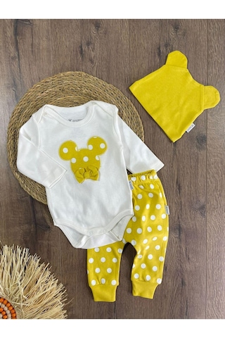 Bebicix Puantiyeli Fiyonklu Bereli Alttan Çıtçıtlı Kız Bebek Takım Sarı